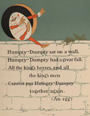 "Humpty Dumpty" by William Wallace Denslow, from the Project Gutenberg EBook of Denslow's Mother Goose, by Anonymous [Public domain], via Wikimedia Commons